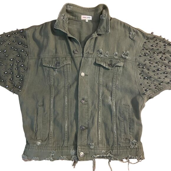 Sunset + Spring Embellished Oversized Distressed Denim Jacket Size XS Green - Picture 5 of 11
